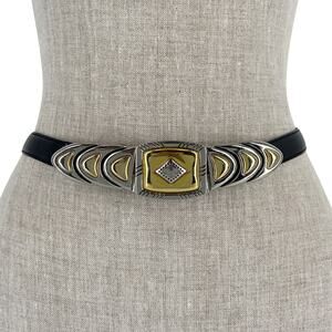 80s two tone buckle statement belt black leather 1980s vintage